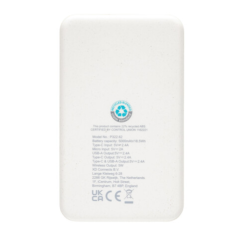 5.000mAh 5W Wireless Powerbank aus RCS recyceltem Kunststoff weiß bedrucken, Art.-Nr. P322.623