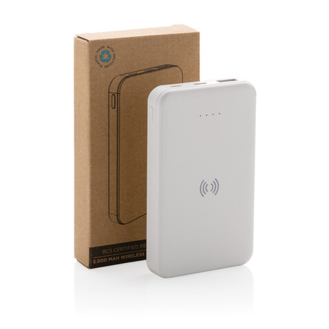 5.000mAh 5W Wireless Powerbank aus RCS recyceltem Kunststoff weiß bedrucken, Art.-Nr. P322.623