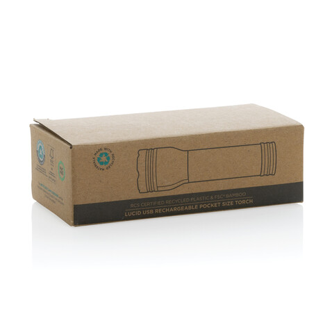 Lucid 1W Taschenlampe aus RCS recycelt. Kunststoff &amp; Bambus schwarz, braun bedrucken, Art.-Nr. P513.771