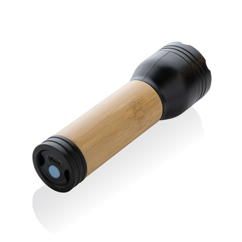 Lucid 3W Taschenlampe aus RCS recycelt. Kunststoff &amp; Bambus schwarz, braun bedrucken, Art.-Nr. P513.781