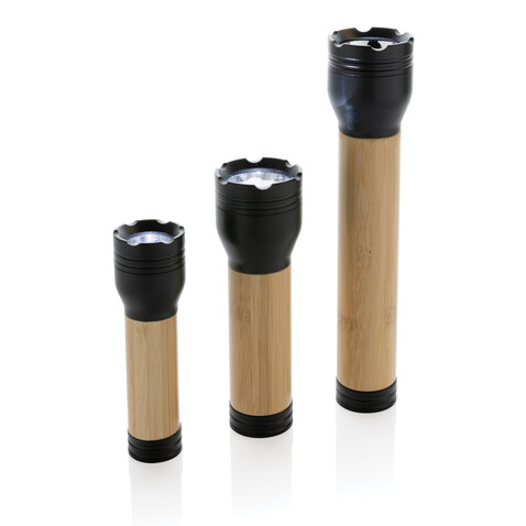 Lucid 3W Taschenlampe aus RCS recycelt. Kunststoff &amp; Bambus schwarz, braun bedrucken, Art.-Nr. P513.781