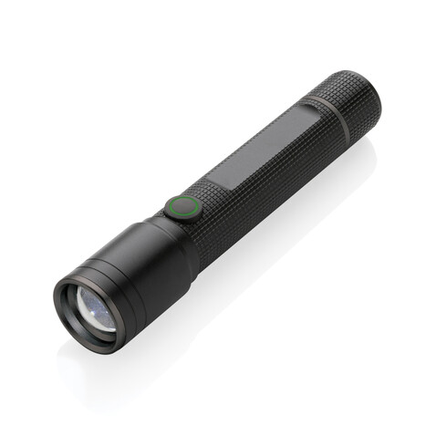 Gear X Taschenlampe aus RCS recycelt. Aluminium mit USB-Akku schwarz bedrucken, Art.-Nr. P513.901