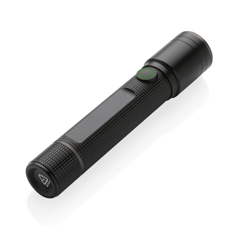 Gear X Taschenlampe aus RCS recycelt. Aluminium mit USB-Akku schwarz bedrucken, Art.-Nr. P513.901