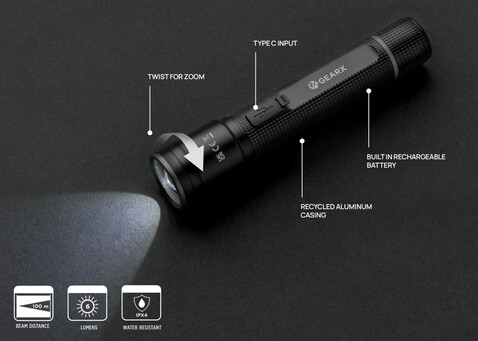 Gear X Taschenlampe aus RCS recycelt. Aluminium mit USB-Akku schwarz bedrucken, Art.-Nr. P513.901