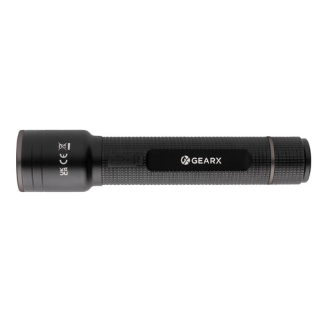 Große Gear X Taschenlampe aus RCS recycelt. Alu mit USB-Akku schwarz bedrucken, Art.-Nr. P513.921
