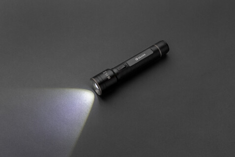 Große Gear X Taschenlampe aus RCS recycelt. Alu mit USB-Akku schwarz bedrucken, Art.-Nr. P513.921