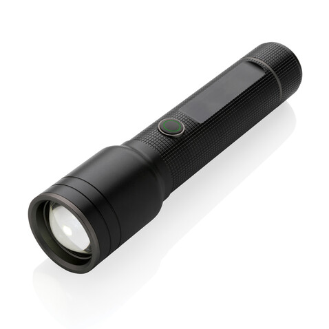 Heavy-Duty USB-Taschenlampe aus RCS recyceltem Aluminium schwarz bedrucken, Art.-Nr. P513.931