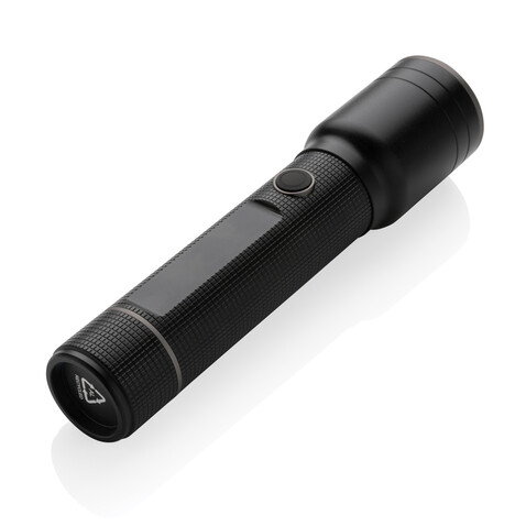 Heavy-Duty USB-Taschenlampe aus RCS recyceltem Aluminium schwarz bedrucken, Art.-Nr. P513.931