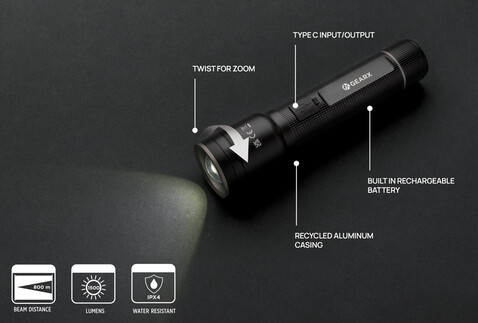 Heavy-Duty USB-Taschenlampe aus RCS recyceltem Aluminium schwarz bedrucken, Art.-Nr. P513.931