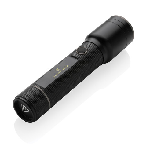 Heavy-Duty USB-Taschenlampe aus RCS recyceltem Aluminium schwarz bedrucken, Art.-Nr. P513.931