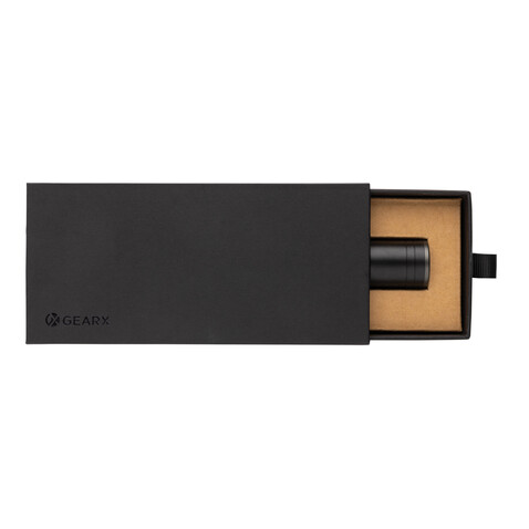 Gear X Taschenlampe aus RCS recycelt. Aluminium mit USB-Akku schwarz bedrucken, Art.-Nr. P513.901